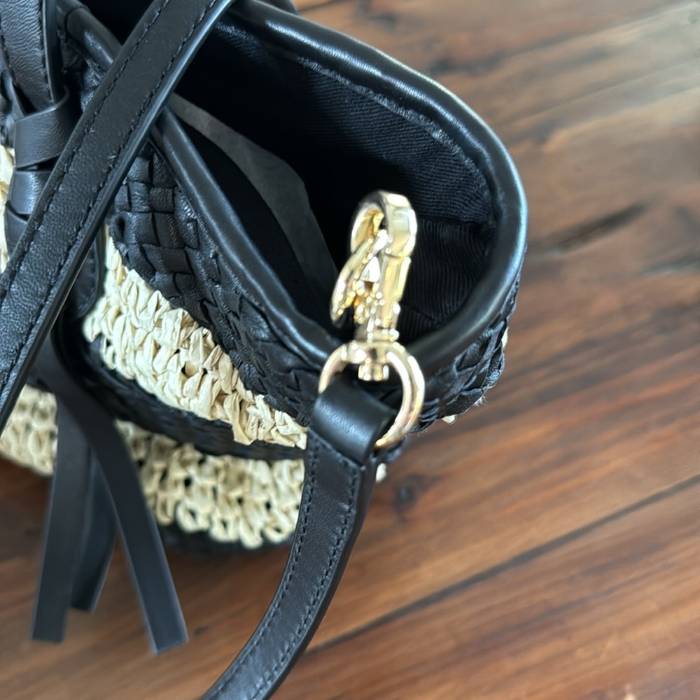 Woven Straw Accent Black Mini Tote - Picture 3 of 6